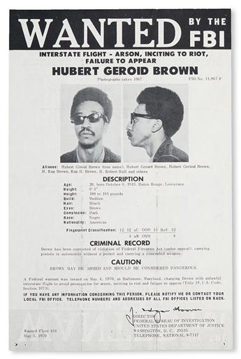 (BLACK PANTHERS.) BROWN, H. RAP. WANTED by the FBI for Interstate Flight, Arson, Inciting to Riot, Failure to Appear.